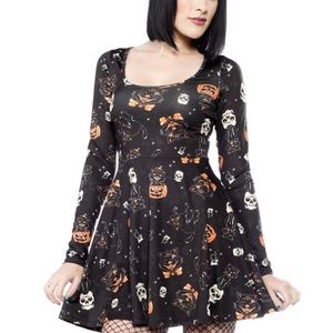 SOURPUSS CLASSIC HALLOWEEN 3/4 SLEEVE SKATER DRESS BLACK